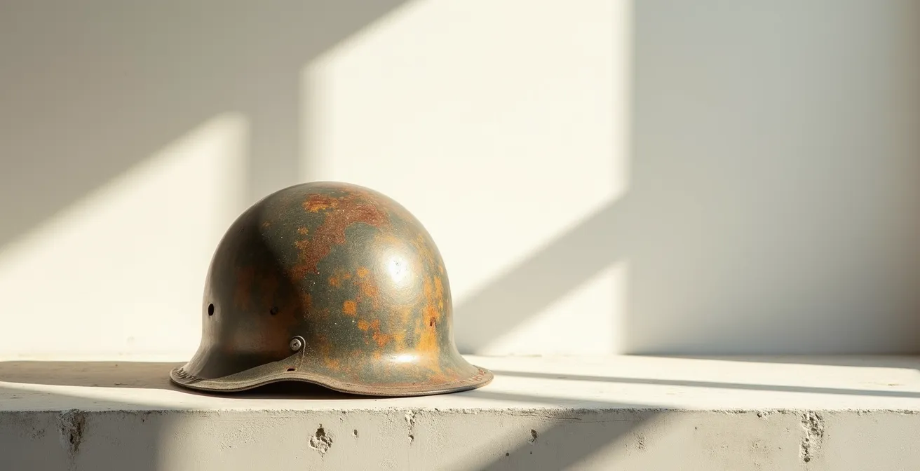 Détail de finitions vintage patinées sur un casque après usage prolongé