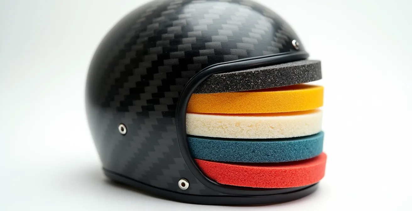 Vue en coupe d'un casque vintage montrant les couches internes de protection