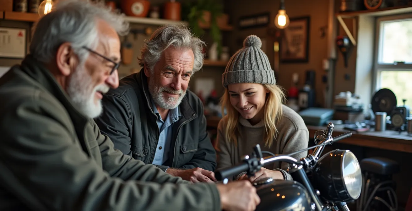 Groupe multigénérationnel lors d'un rassemblement de passionnés de Solex